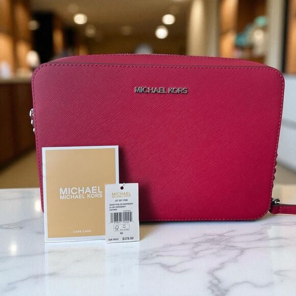 Michael Kors Jet Set Large Saffiano Leather Crossbody Bag In Dark Raspberry New - Picture 3 of 8